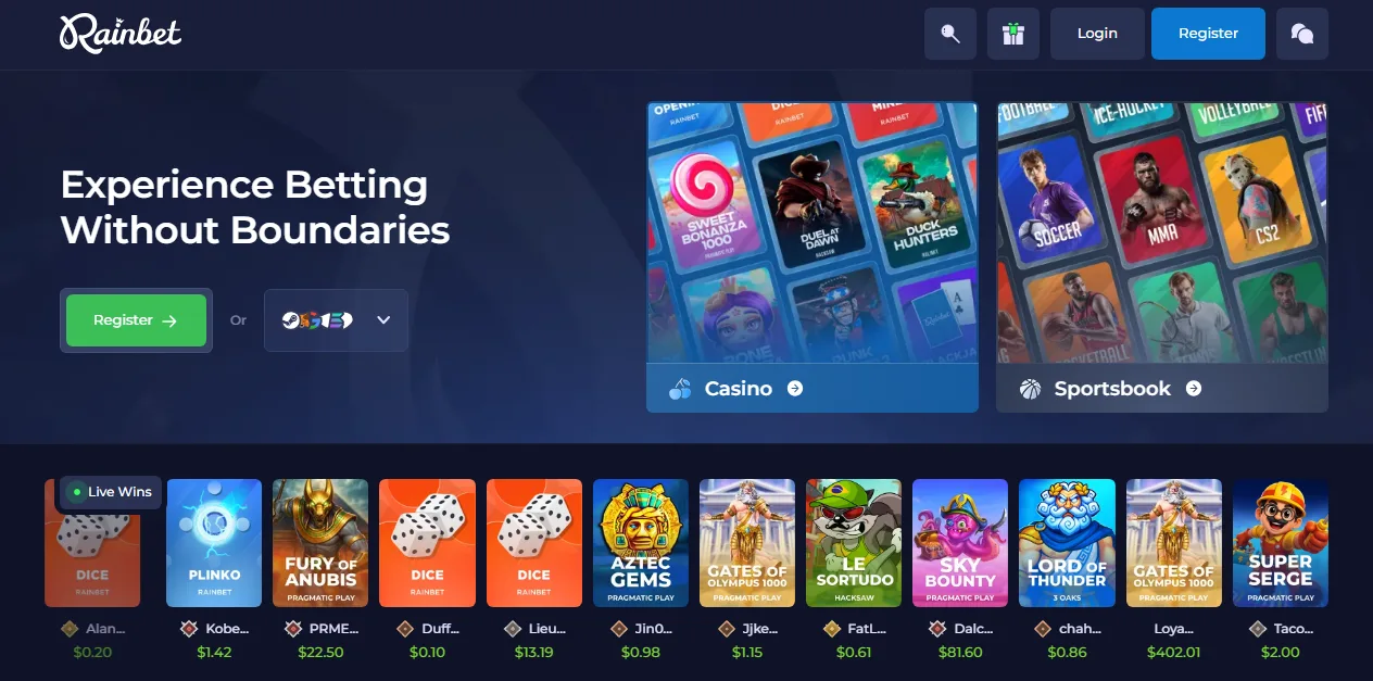 Rainbet homepage showing the Casino and Sportsbook tabs and the live wins ticker
