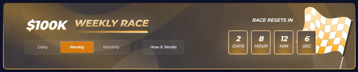 Rainbet Weekly Race leaderboard showing the $100,000 prize pool