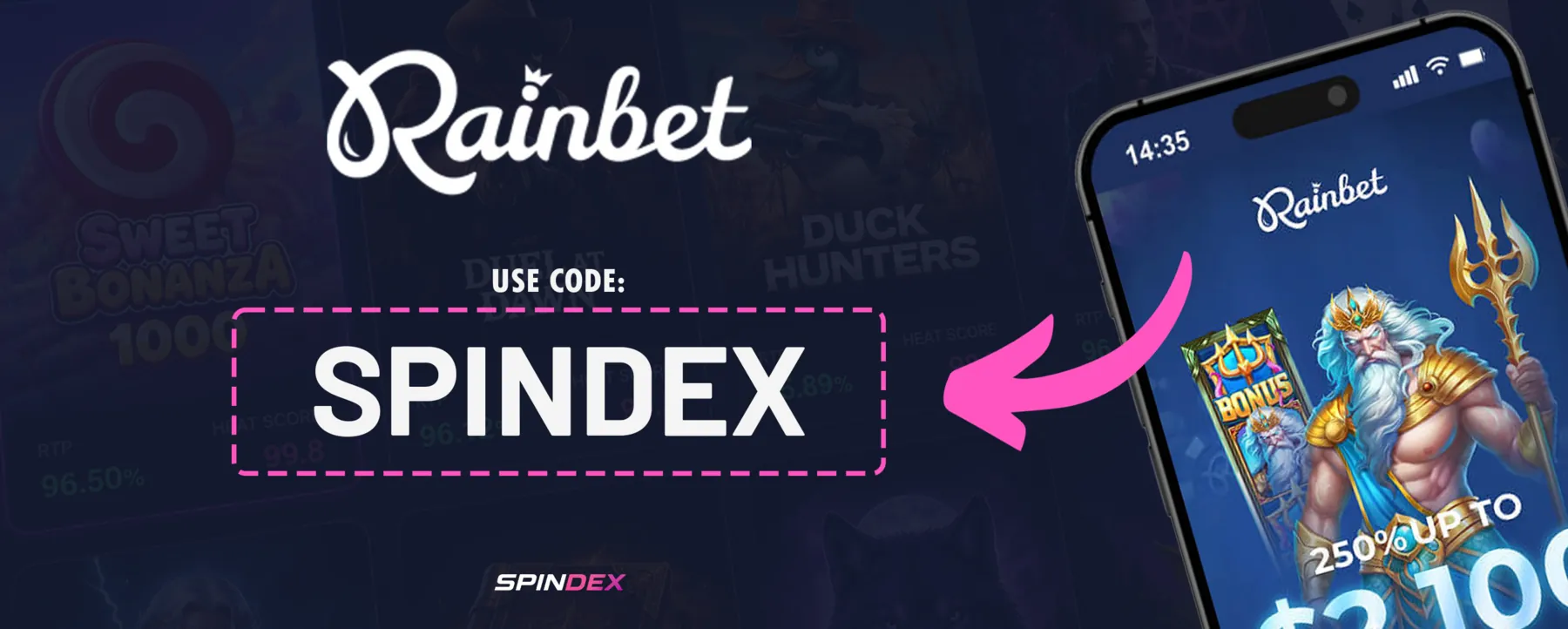 Rainbet referral code SPINDEX - 250% deposit bonus up to $2,100 plus 60 free spins