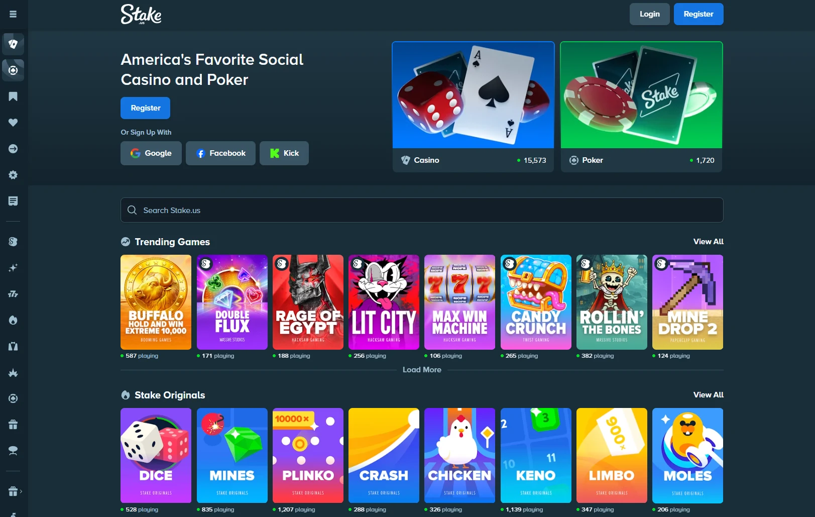 Stake.us homepage showing the America's Favorite Social Casino and Poker hero, Casino and Poker sections, and the Trending Games and Stake Originals rails