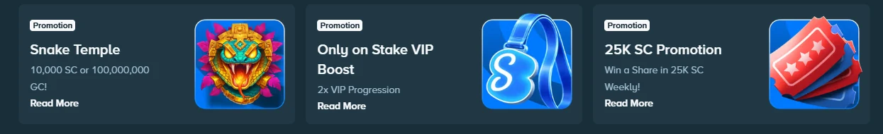 Stake.us promotions strip showing Snake Temple, Only on Stake VIP Boost, and 25K SC Promotion offers