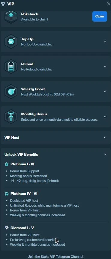Stake.us in-site VIP panel showing Rakeback, Top Up, Reload, Weekly Boost, Monthly Bonus, VIP Host, and the Unlock VIP Benefits tier breakdown